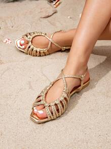 Sandali piani eleganti da donna, con punta quadrata, intrecciati, con tacco piatto, cinturino posteriore, leggeri e traspiranti, adatti per feste e uso quotidiano