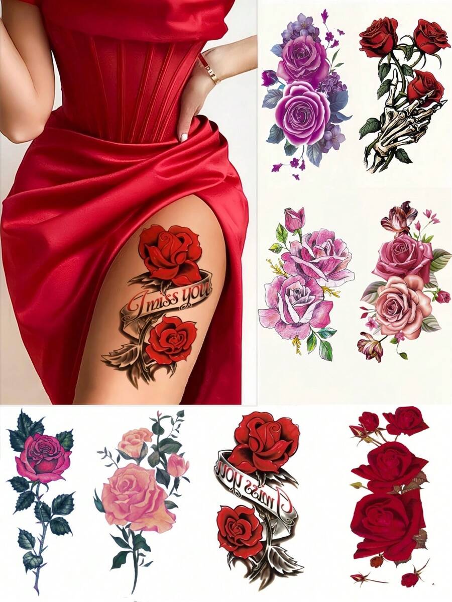 8 Blatt Blumen Temporäre Tattoos, Blumen Tattoos für Frauen, sexy Rose Tattoos, realistische Fake Tattoos, modischer Körperschmuck für Partys, Festivals und Styling-Accessoires
