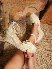 Breathable Backless Slip-On Wedge Sandals With Rope Decor, Fashionable And - Beige - View 2