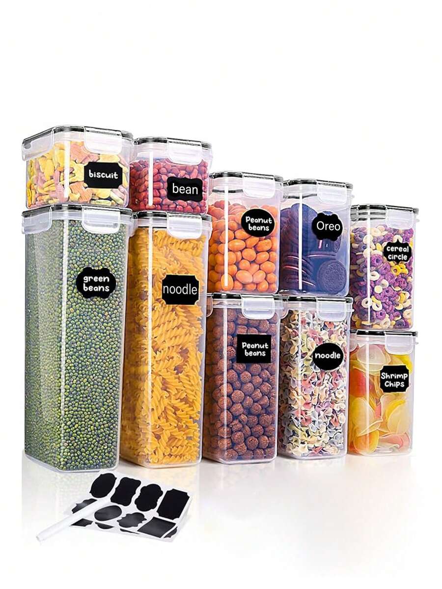 18/48pcs Airtight Storage Bins, Multi-Purpose Leak-Proof And Reusable Food Storage Jars, Portable And Stackable Food Airtight Bins For Cereals, Snacks, Tea And Pasta, Labels, Markers, Household Kitchen Items,Storage Containers