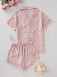2pcs Women Ditsy Floral Pouch Pocket Short Sleeve Top And Shorts Loungewear Set, Spring/Summer, Vacation