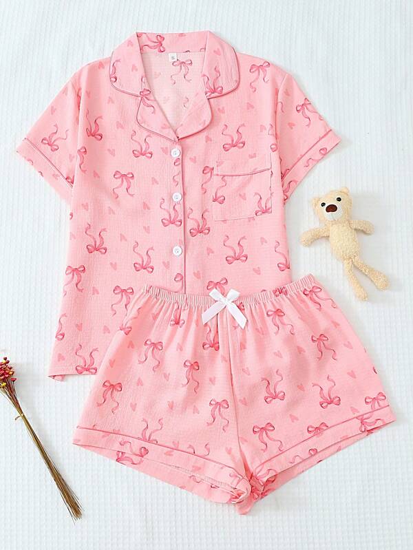 2pcs/Set Women Love & Bow Print Short Sleeve Lapel Shirt And Shorts Pajama Set, Casual Loungewear For Spring & Summer