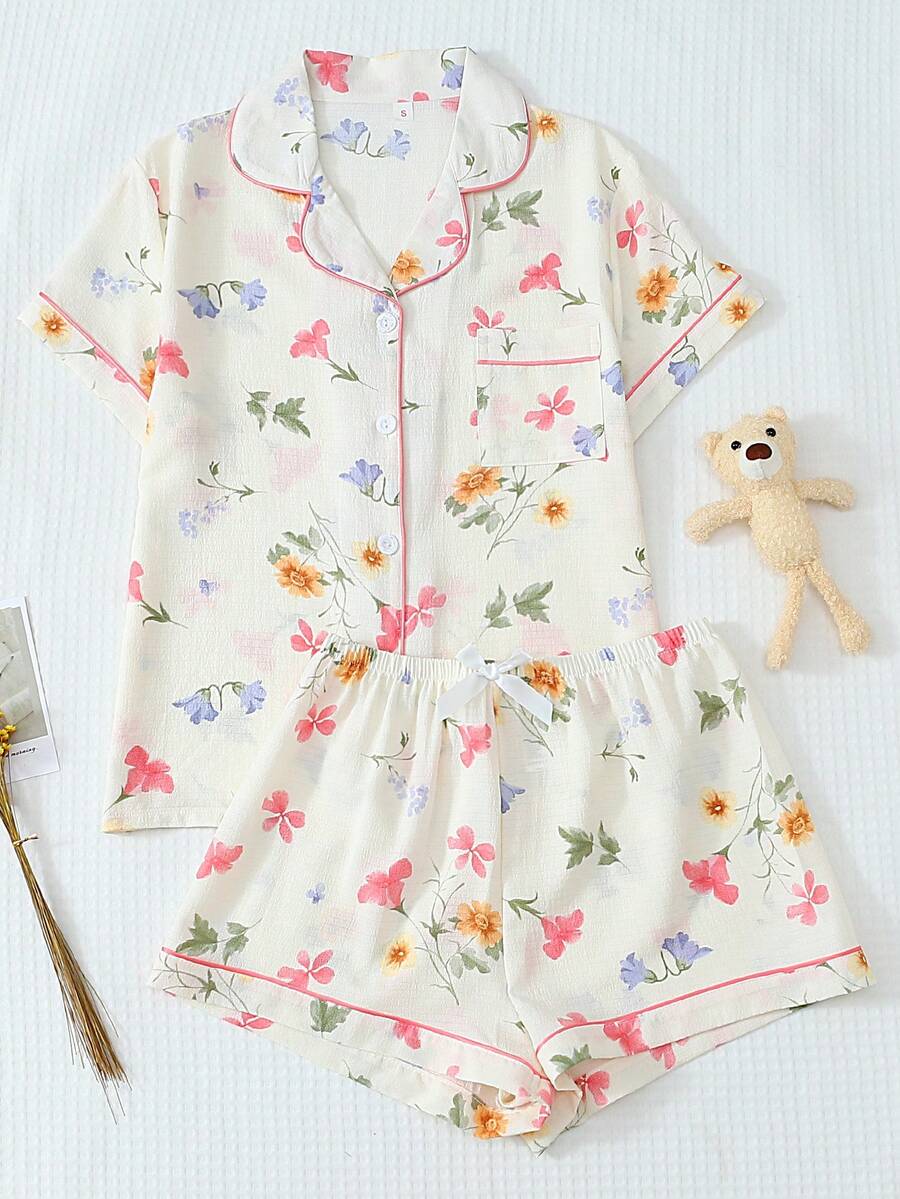2 Pieces Women Floral Print Summer Pajama Set, Short Sleeve Button-Up Shirt Collar Blouse And Bowknot Shorts, Spring/Summer Casual Loungewear - Apricot - View 1