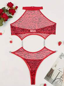 1pc Leopard Print Backless Lingerie Jumpsuit, Sexy Hollow Metal Chain Nightdress, Fitted Alluring Undergarment