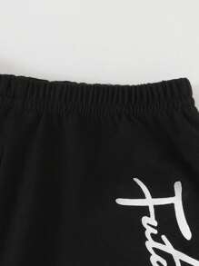 2pcs Baby Boys' Summer Sports Short Sleeve T-Shirt And Shorts Set, Fashionable Contrast Color Letter Print Hooded Pullover