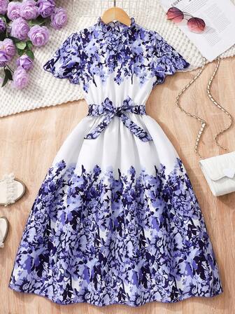 1 件装 青少年女孩休闲花卉印花荷叶边短袖连衣裙（配腰带），夏季