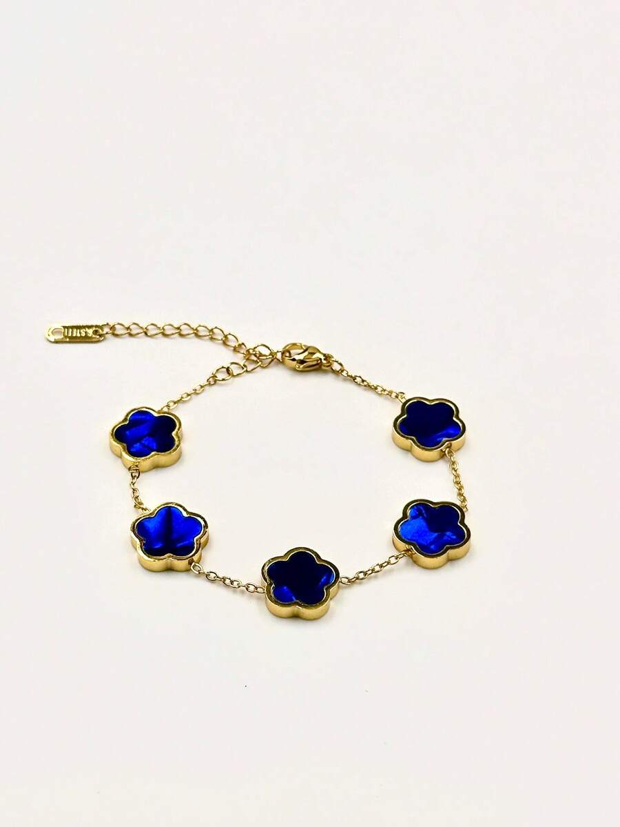 1 chiếc vòng tay bằng thép không gỉ thời trang, khảm xà cừ, hình hoa năm cánh hai mặt may mắn. - Màu xanh hải quân - Xem 1
