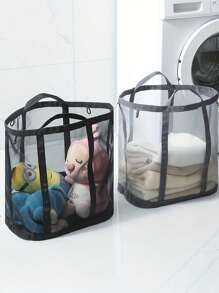 2pcs/1pc Casual Style Nylon Mesh Laundry Basket With Handle, Retractable Shape, Foldable And Wall-Mounted, Suitable For Various Room Types, Unlined - Dirty Clothes Storage Organizer