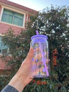 1 个 16 盎司紫色蝴蝶结印花塑料水瓶，带可重复使用的彩色吸管，适合储存冰块、果汁、咖啡等。送给姐妹和朋友的理想礼物，便携式汽车杯，办公室咖啡杯 - 彩色 - 查看 3