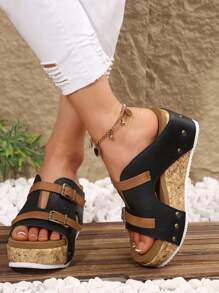 2025 Summer New European And American Fashion Double Buckle Rivet Decor Casual Plus Size Wedge Platform Slide Sandals