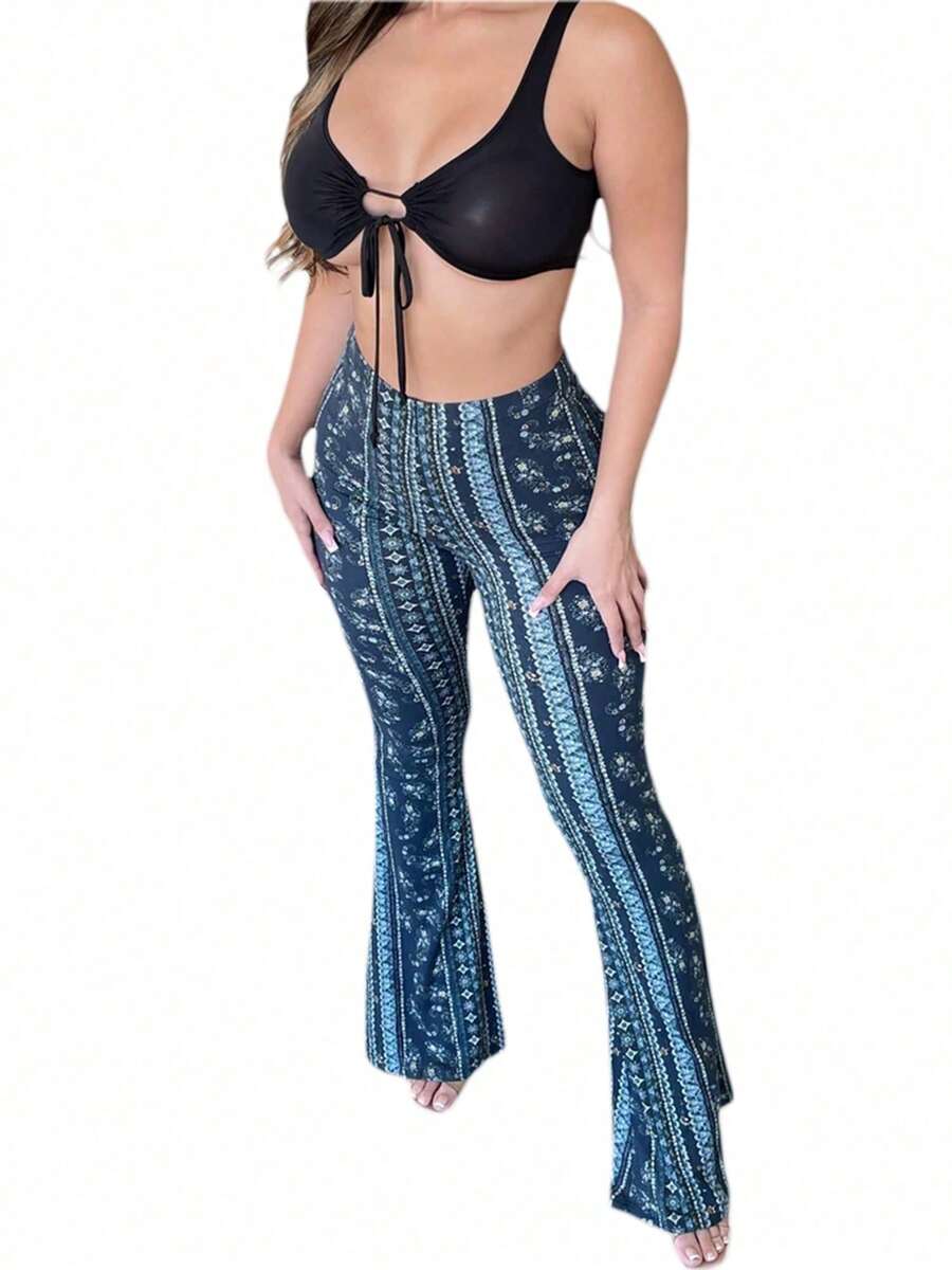 Boho Flare Pants For Women Womens Stretchy Wide Leg High Waist Bell Bottom Flare Pants Retro 70s Floral Legging - Blue - View 1