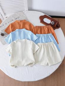 3pcs/Set Boys' Summer V-Neck Button Pocket Short Sleeve Casual T-Shirt, Versatile Daily Wear - Multicolor - View 2