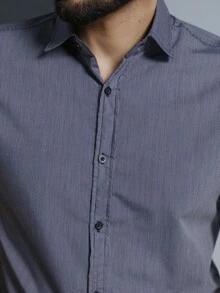 Short Sleeve Slim Fit Striped Dress Shirt, Does Not Wrinkle Easily - Grey - View 3