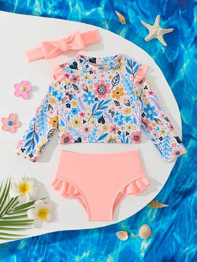 Baby Girl Floral Print Ruffle Swimsuit Set With Headband, Summer Vacation