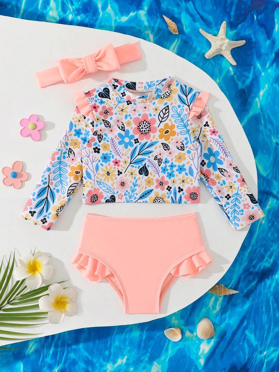 Baby Girl Floral Print Ruffle Swimsuit Set With Headband, Summer Vacation - Apricot - View 1