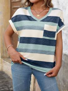 Maglietta casual elegante da donna taglia curvy, stile vacanziero di primavera/estate, a maniche corte, con righe e orlo arrotolato