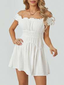 Women Summer Short Dress Solid Color Ruched Bust Boat Neck Off Shoulder Puff Sleeve A-Line One Piece For Ladies - White - View 4