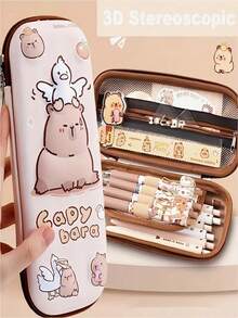 1pc Cartoon Cute Capybara & Panda Pencil Case - Large Capacity 3-Layer Multifunctional Stationery Box With Waterproof, Shockproof And Scratch-Resistant Features - Multicolor - View 9