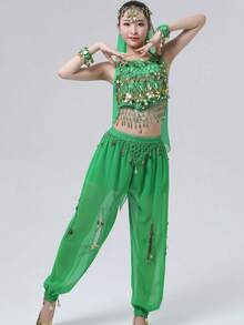 Women's Style Sparkling Belly Dance Three Pieces Set: Sequined Top + Lantern Pants + Headscarf Set For Halloween Carnival Party Stage Performance Costume