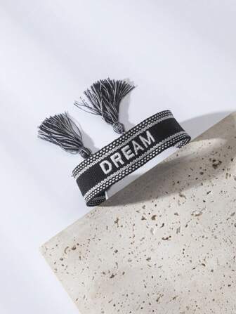 1pc Men's Black Embroidery Dream Hand Knitted Bracelet