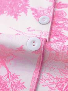 Marira 2pcs Painting Print Women Pajama Set, Short Sleeve Shirt Lapel Button Blouse & Elastic Waist Shorts, Sleepwear For Festivals & Party, Casual Indoor & Outdoor Wear For Women - Pink - View 6