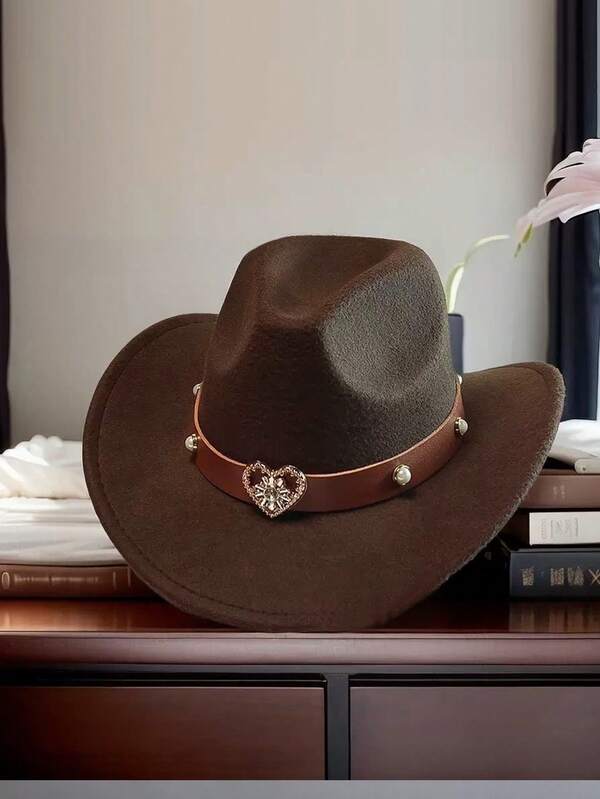 1pc Unisex Heart Shape PU Leather Decor Western Cowboy Hat, Polyester Retro