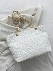 黑色PU时尚简约大容量菱格纹金属链条拉链单肩手提包，适合女性日常通勤、旅行、度假、聚会、朋友聚会、送给女友的生日礼物、情人节礼物、工作包、书包、大学必备单品 - 白色 - 查看 3