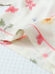 2 Pieces Women Floral Print Summer Pajama Set, Short Sleeve Button-Up Shirt Collar Blouse And Bowknot Shorts, Spring/Summer Casual Loungewear - Apricot - View 8