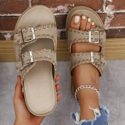 أحذية نسائية كبيرة الحجم موديل ربيع 2025، صنادل نسائية سميكة الوحدة للخارج والشاطئ بتصميم أوروبي وأمريكي