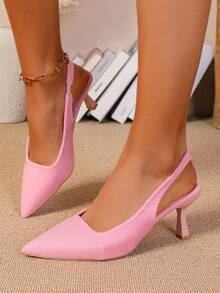 Sandalias de tacón alto con punta puntiaguda y correa elástica tipo slingback para mujer - Rosa - Ver 3