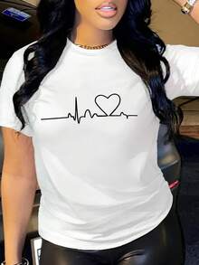 Camiseta de cuello redondo con estampado de corazón, camiseta de manga corta casual para primavera y verano, ropa de mujer - Blanco - Ver 1