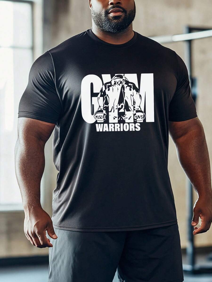 Tricou bărbătesc plus size cu mânecă scurtă, casual, cu imprimeu grafic și slogan artistic GYM WARRIORS, potrivit pentru activități în aer liber și sport, naveta, întâlniri, mese în oraș și alte ocazii formale/casuale - guler rotund, mânecă scurtă, croială slim fit pentru a evidenția fizicul masculin - fabricat din fibră de poliester elastică, moale și respirabil - lavabil la mașină - cadoul perfect pentru bărbați - Negru - Vizualizare 1