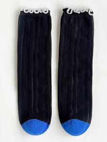 3 Pairs Girls' Sweet Princess Style Socks, Ruffled Edge Color Blocking Knee High Socks, Spring & Autumn