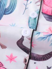 2pcs Western Pattern Pajamas Set For Women, Short Sleeve Shirt With Lapel & Button And Relaxed Elastic Waist Shorts, Party/Casual Loungewear, Indoor/Outdoor - White - View 7