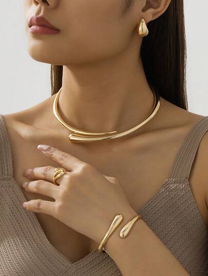 Conjunto de joias femininas elegantes e sofisticadas em liga metálica com design geométrico: pulseira, anel, colar e brincos. Ideal para festivais, festas e encontros. Um presente elegante para namorada.