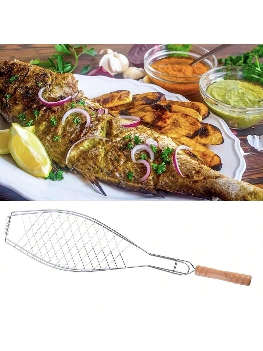1 件不粘鱼烧烤篮，配有木柄和金属丝烧烤钳，适合户外烧烤、露营、野餐