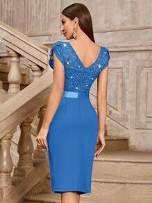 MIUSOL Vestido Ajustado Elegante para Cóctel con Body de Encaje con Lentejuelas, Mangas Abullonadas y Abertura en el Muslo