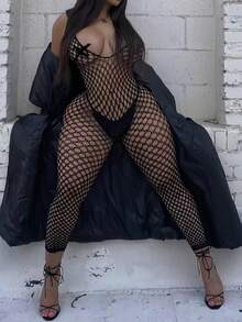 Conjunto de Lingerie Sexy Feminina, Bodysuit de Renda Preta Vazado em Tela, Design Sem Costas com Amarração, Macacão de Alta Elasticidade, Perfeito para Encontros - Preto - Visão 3