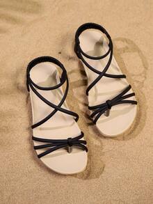 Sandalias planas de playa elegantes y cómodas con rayas para mujer, adecuadas para tallas grandes, color negro, atuendos de verano - Negro - Ver 6