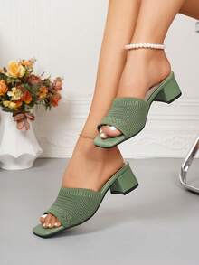 New Fresh Green Knit Fabric Open Toe Square Toe Design Chunky Heel Breathable Fashion High Heel Sandals, Casual Versatile, Women's Top Choice