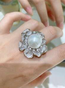 1 PC Gorgeous Cubic Zirconia & Faux Pearl Ring For Women For Mother's Day Gift Party Jewelry