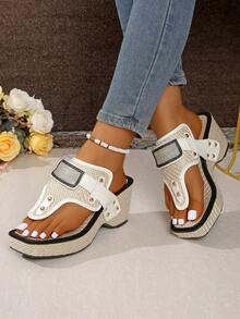 Wedge Thick-Soled Woven Sandals Wedge 3D Floral Flip-Flops Bohemian Style Wedge Thick-Soled Sandals, Rivet, Elegant, Party, Minimalist, Solid Color, Summer, Square Toe - Black and White - View 5