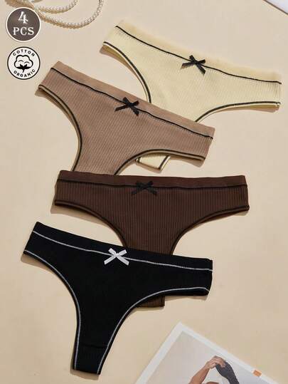 4 piezas Mujer Bragas tipo tanga con diseño de letra en la cintura, ropa interior de algodón transpirable con elevación sexy de tiro medio