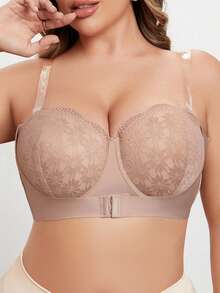 Damen Große Größen Mode Spitze Vorderseiten Verschluss Unterbügel Dessous BH - Aprikosenfarben - Übersicht 5