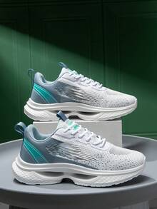 Men's Thick Sole Shock Absorbing Breathable Mesh Comfy Casual Sport Sneakers, Contrast Color Front Lace-Up Letter Decor Daily Outdoor Commuting Running Shoes - White Lake Blue - View 2