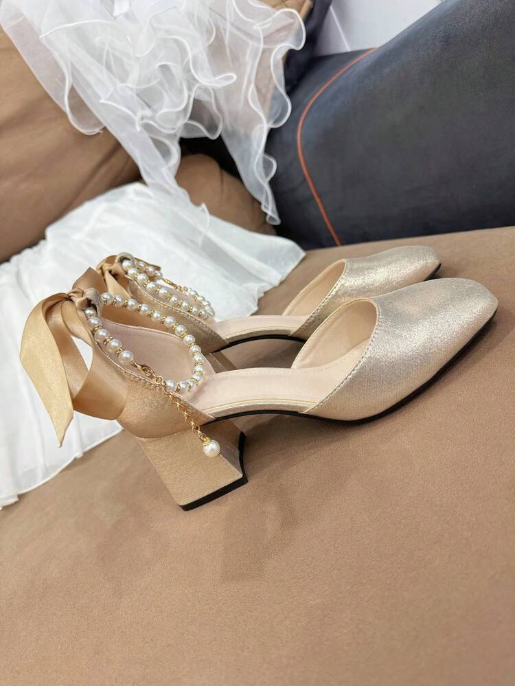 Klackskor med fyrkantig tå för tonåringar, moderiktiga, eleganta, bekväma, mjuka material, band- och pärldesign, enkel stil lämpliga för olika tillfällen - Guld - Visa 9