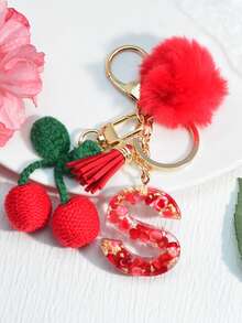 1 móc khóa hình thiên hà bằng nhựa có chữ cái tiếng Anh, tua rua trang trí quả cầu lông màu đen, quà tặng cho bạn bè, mẹ, mặt dây chuyền tình yêu phụ kiện ô tô túi xách học sinh dễ thương phong cách Goth Y2k - Quả anh đào đỏ - Xem 20