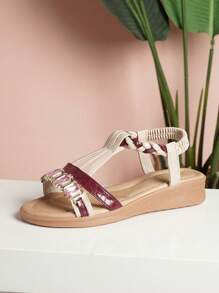Women's Summer New Thick Sole Wedge Rhinestone Woven Strap Sandals, Elastic Fashionable Comfortable Round Toe