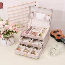 全新 PU 皮革珠宝盒，1 个 3 层双抽屉，带锁和镜子，旅行收纳盒，可容纳戒指、耳环、手镯、手表，是送给妻子、母亲、女朋友的最佳礼物，收纳盒旅行礼物，适合返校 - 彩色 - 查看 15