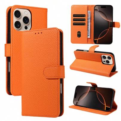 1pc Litchi Texture Flip Protective Card Holder Phone Case, Anti-Scratch, Compatible With Apple17 Pro Max/17 Pro/17/Air/16 Pro Max/16/15/14/1ung Series A16